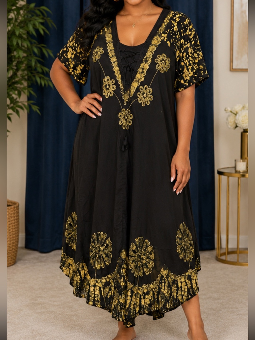 Black Maxi Dress with Gold Floral Embroidery